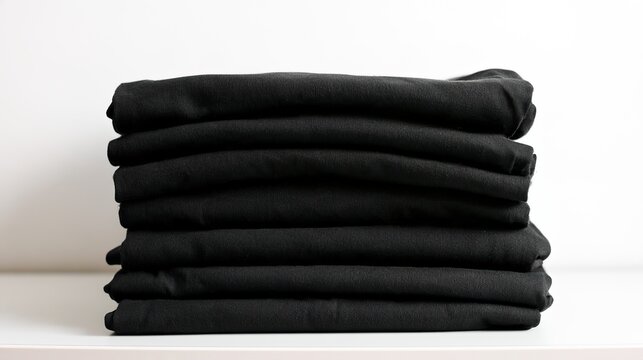 wardrobe. Neatly stacked black T-shirts arranged on a white surface, showcasing simplicity and modern style. lifestyle magazines.