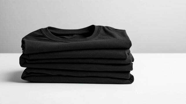 wardrobe. Neatly stacked black T-shirts arranged on a white surface, showcasing simplicity and modern style. lifestyle magazines.