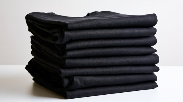 wardrobe. Neatly stacked black T-shirts arranged on a white surface, showcasing simplicity and modern style. lifestyle magazines.