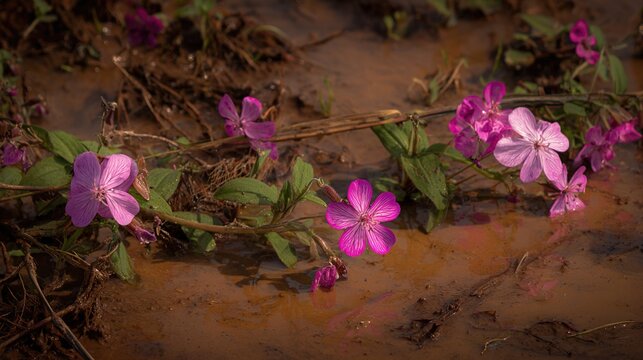 aftermath. Wildflowers growing through muddy ground after rain, resilient nature, dramatic light. gardening catalogs, home-decor guides, designed for home decor and floral branding.