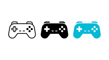 Vector gamepad icon set with black outline, solid black, and blue video game controllers © Al Rafi