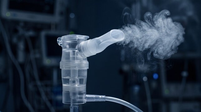 Medical nebulizer releasing steam in a dark hospital setting