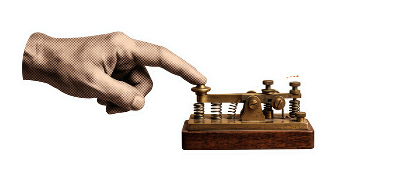 Vintage telecommunications technology history: human hand tapping a classic brass telegraph key morse code transmitter on solid wooden. Modern visual element on white background template display.
