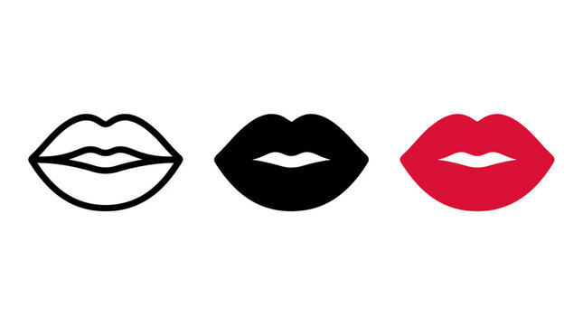 Set of Three Stylized Female Lips Icons in Outline Black Silhouette and Red Color Vector
