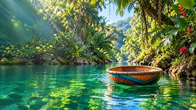 Colorful coracle drifting through a narrow jade rainforest creek