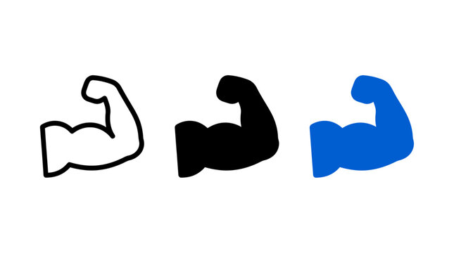 Muscle icon design set featuring strong arm flexing silhouettes and outlines for fitness
