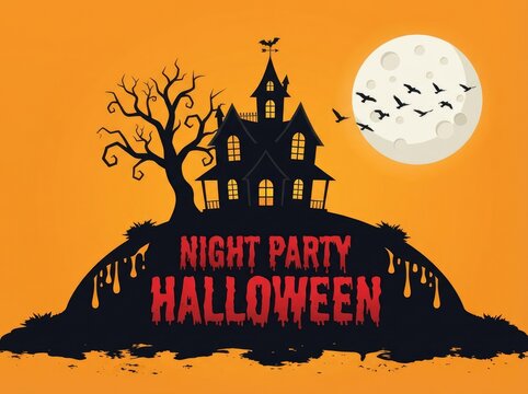 Halloween night party with haunted house and full moon