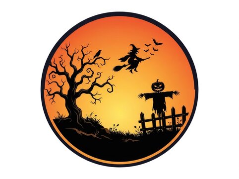 Halloween scene with witch flying over pumpkin and tree