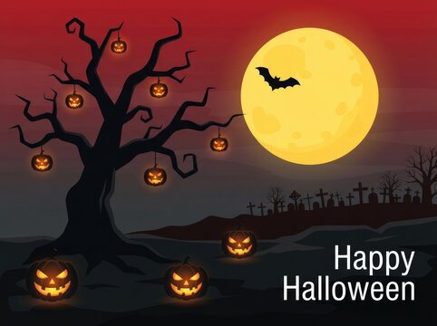 Happy halloween jack o lanterns on a tree with full moon