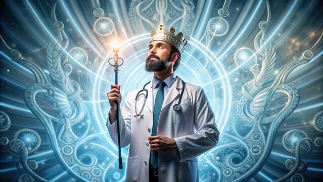 A regal figure with stethoscope and scalpel instead of scepter standing tall amidst swirling medical symbols in progress