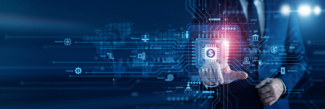 Financial geek touch of smart Fintech circuit board and monitoring rapid digital transaction flow on an advanced holographic display. Revolutionizing modern banking solutions globally today.