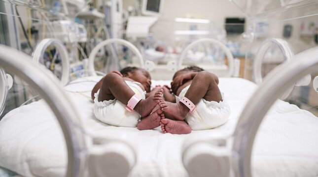 Premature newborn twin babies with pink identification ankle bands lying inside hospital neonatal incubator