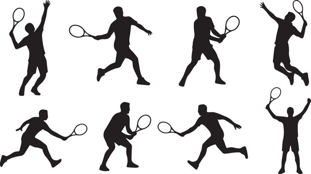 Tennis Player Silhouette Collection with Serving Running and Match Action Poses