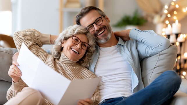 Happily smiling mature couple sharing a joyful moment while reading together.