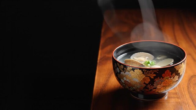 Steaming Japanese clear clam soup ushiojiru in traditional floral maki-e lacquer bowl on wooden table