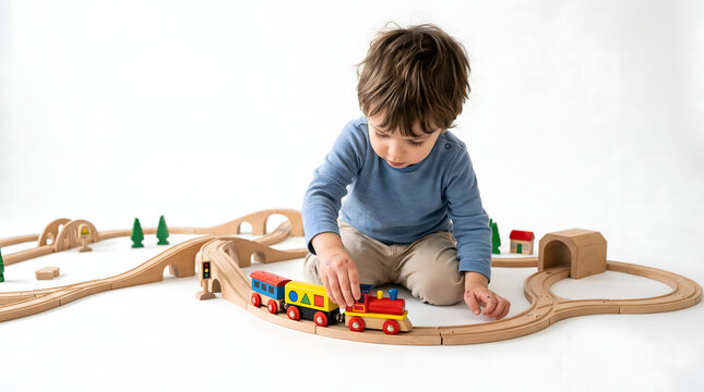 Toddler playing with wooden train set on light-colored studio floor