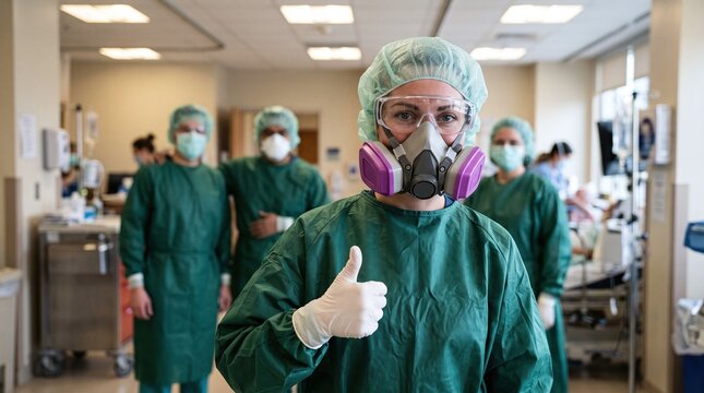 Female healthcare worker wearing respirator mask and safety goggles showing thumbs up with medical team