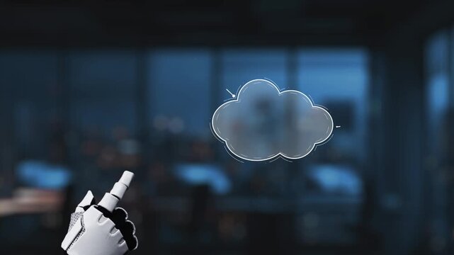 A futuristic robotic hand engages with a cloud technology interface, showcasing various aspects of web development, data analytics, and app design in a digital environment. Synapse