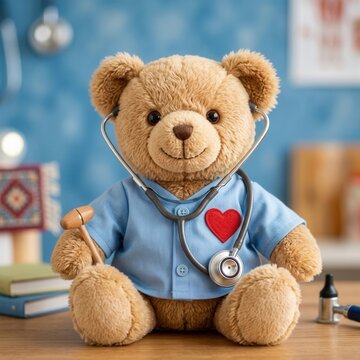 Adorable Teddy Bear Doctor Dressed in Scrubs With Stethoscope And Reflex Hammer