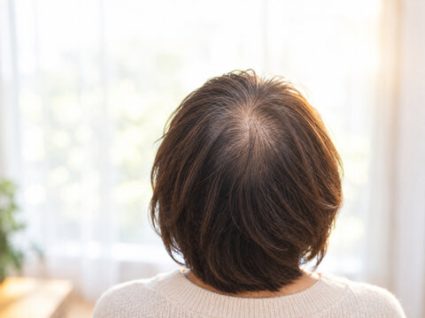 逆光の中で後ろから見た50代女性の透ける地肌