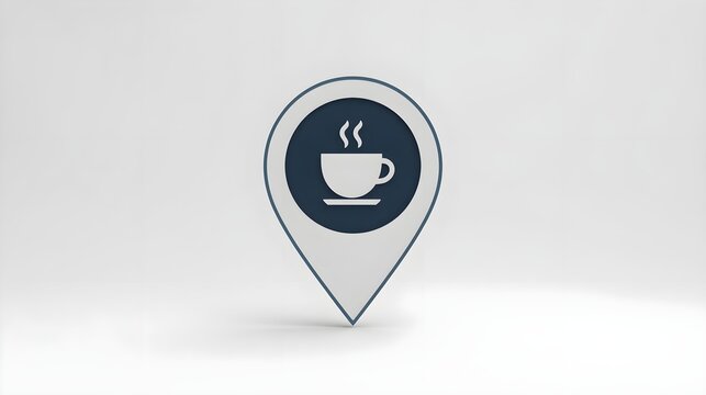 3D map pin icon with a coffee cup symbol for cafe location navigation and beverage service identification on digital map platforms