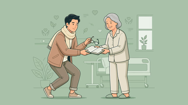 Young Man Helps Elderly Woman With Book and Glasses, Isolated