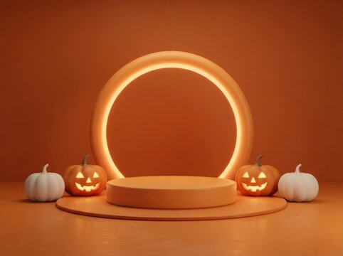 Halloween pumpkins with glowing ring light on stage