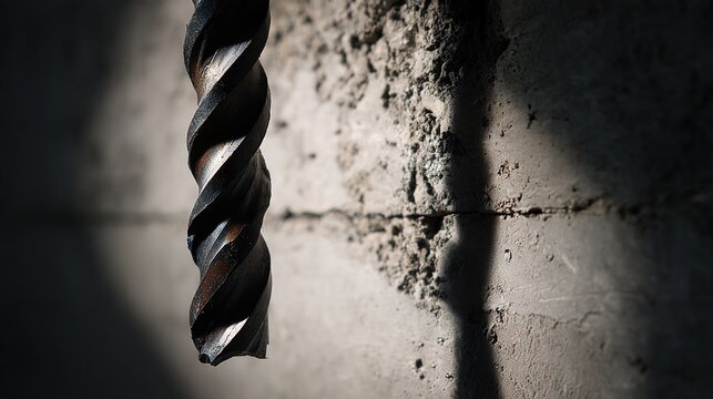 penetrating. Industrial drill bit penetrating a concrete wall, showing metal and stone textures. safety posters, maintenance manuals, designed for precision metalworking and fabrication facilities.