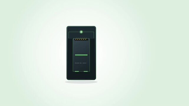 Technical circular economy animation showing a smartphone exploded view where a depleted battery is extracted and replaced with a fresh battery core, restoring power to the device.