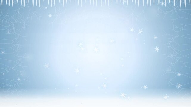 Winter background with falling snowflakes icicles and frost pattern on light blue backdrop copy space