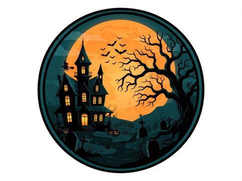 Haunted castle under a full moon with bare trees
