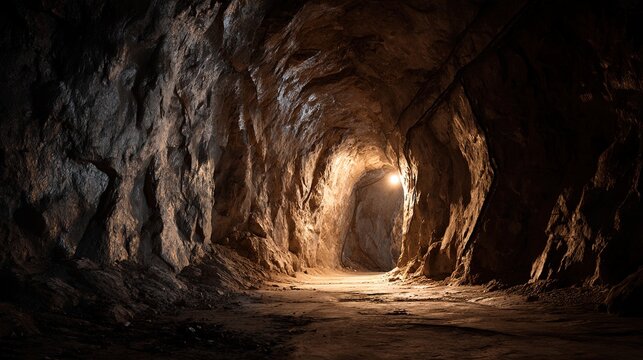 miner. An empty underground mine tunnel with rough rock walls lit by a single helmet light. safety posters, maintenance manuals, designed for industrial assembly lines and welding operations.