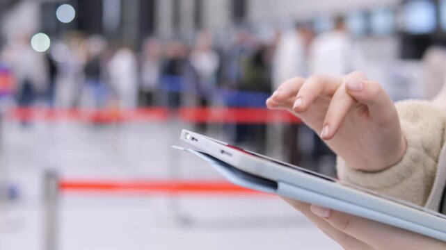 Person holds tablet while waiting at busy airport terminal. Background shows blurred travelers and red stanchion ropes. Hands tap screen as person remains seated. Indoor lighting highlights device
