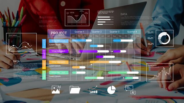 Colorful Project Management Dashboard with Charts and Graphs on Table Surrounded by Office Supplies and Laptops for Strategic Planning Gluon.