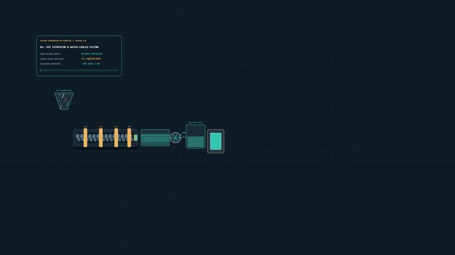 High-detail industrial circular engineering animation illustrating sorted plastic flake shredding, heated twin-screw extrusion melting, precision water-cooled strand cutting into micro-pellets, and in