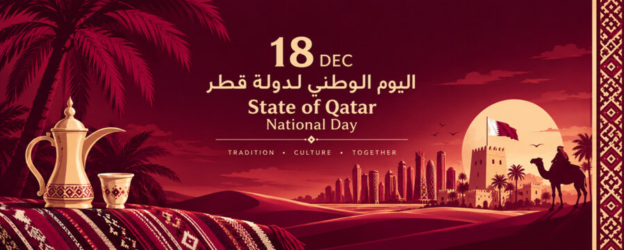 Qatar National Day December 18 Celebration Banner with Desert Heritage and Doha Cityscape