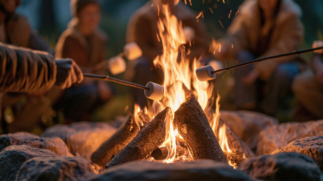 Group of people roasting marshmallow on campfire outdoors at dusk nature