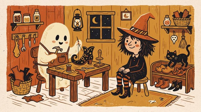 Ghost cobbler repairing a witch's shoe in a cozy workshop