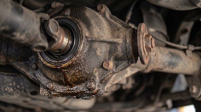 Car differential oil leak. Grease and fluid dripping from vehicle rear axle. Mechanical failure