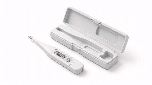 Digital body thermometer and open plastic protective case isolated on clean white background