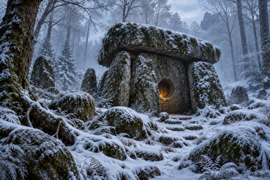 Ancient Megalithic Tomb in Snowy Winter Forest With Mysterious Glowing Entrance