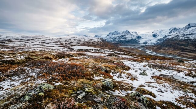 Snow-covered mountains stretch across a vast, undulating landscape of tundra and heather. Patches of snow linger on the ground, contrasting with the brown and orange hues of the vegetation.
