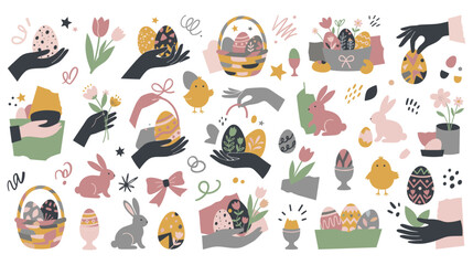 Fototapeta premium Easter celebration icons set with hands holding painted eggs and bunnies.