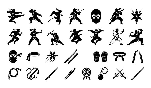 Ninja Athlete Icon Set &ndash; Martial Arts Warrior and Accessories Black Vector Collection