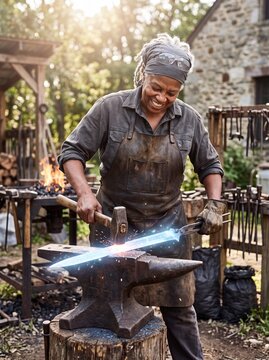 Senior Black Woman Blacksmith Forging Sword with Celestial Starlight