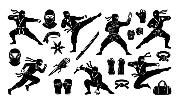 Ninja Martial Arts Icons &ndash; Dynamic Fighter and Training Accessories Black Vector Set