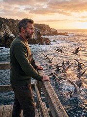 Fototapeta premium Scandinavian Man Observing Pelicans Fishing at Golden Hour