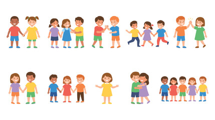 Fototapeta premium Happy diverse children groups holding hands and hugging each other.