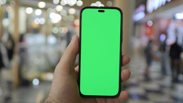 Hand holds a smartphone with a green screen. The mall background is blurred with bright lights and shoppers. People walk past without clear emotions visible