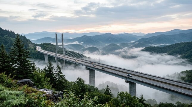 A long, suspension bridge spans a valley filled with mist and mountains.
